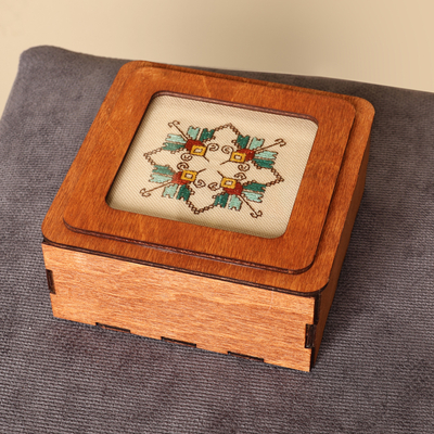 Wood jewellery box, 'Charming Lotus' - Handmade Wood jewellery Box Topped by Cotton Embroidered Motif