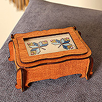 Wood jewellery box, 'Blue Butterflies' - Handmade Wood jewellery Box Topped by Lovely Embroidered Motif