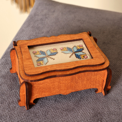 Wood jewellery box, 'Blue Butterflies' - Handmade Wood jewellery Box Topped by Lovely Embroidered Motif