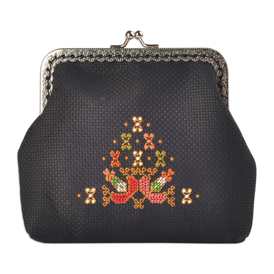 Embroidered linen coin purse, 'Armenian Garden' - Linen Coin Purse with Traditional Armenian Floral Embroidery