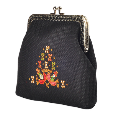 Embroidered linen coin purse, 'Armenian Garden' - Linen Coin Purse with Traditional Armenian Floral Embroidery