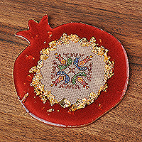 Embroidered resin catchall, 'Pomegranate Delight' - Resin Catchall with Embroidery & Golden Accents from Armenia