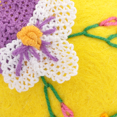 Embroidered wool ornament, 'Sunshine Fruit' - Handcrafted Floral Embroidered Wool Egg Ornament in Yellow