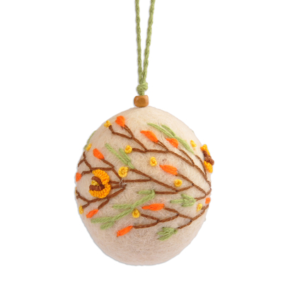 Embroidered wool felt ornament, 'Armenia's Blossoming' - Handcrafted Floral Embroidered Wool Felt Ornament in Ivory
