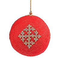 Embroidered wool felt ornament, 'Marash's Fruit' - Handcrafted Embroidered Wool Egg Ornament in Red and Golden