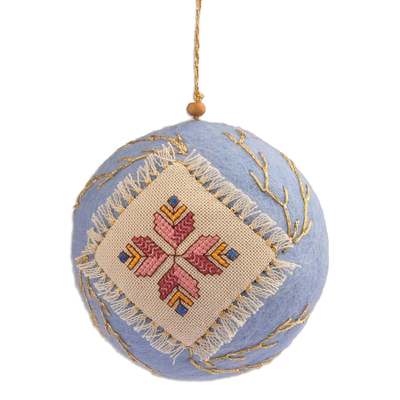 Embroidered wool felt ornament, 'Svaz Bouquet' - Blue Wool Felt Ornament with Embroidered Floral Textile