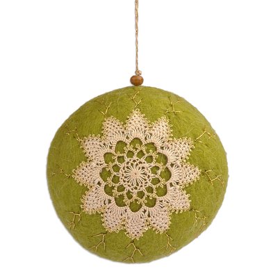 Embroidered wool felt ornament, 'Armenia Gardens' - Floral Green Wool Felt Ornament with Embroidered Motifs