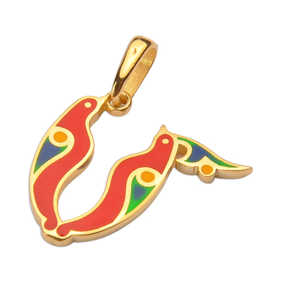 Gold-plated pendant, 'M Birds of Armenia' - Traditional Bird-Themed Gold-Plated Pendant with M Letter