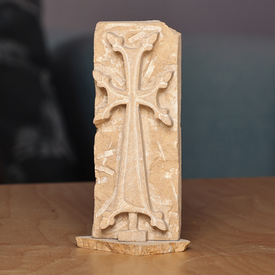 Felsite stone sculpture, 'Celtic Cross' - Felsite Stone Celtic Cross Sculpture Hand-Carved in Armenia