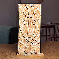 Felsite stone sculpture, 'Ancient Celtic Cross' - Hand-Carved Natural Felsite Stone Sculpture of Celtic Cross