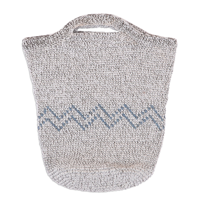 Crocheted tote bag, 'Wavy Vibe' - Crocheted Tote Bag in Grey and Aqua with Wavy Pattern