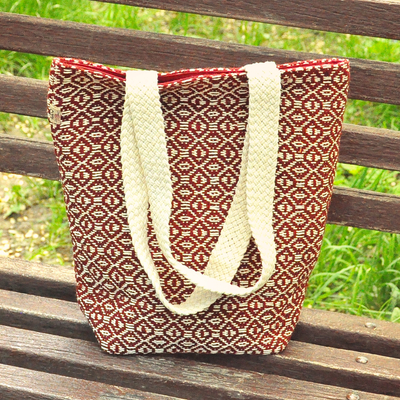 Wool tote bag, 'Lovely Burgundy' - Burgundy and White Wool Tote Bag Hand-Woven in Armenia
