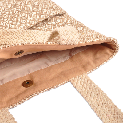 Wool tote bag, 'Always Stylish' - Beige and White Wool Tote Bag Hand-Woven in Armenia