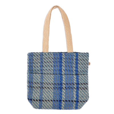 Wool tote bag, 'Delightful Blue' - Blue and White Striped Wool Tote Bag Hand-Woven in Armenia