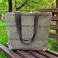 Wool tote bag, 'Fashionable Flair' - Teal Beige and White Wool Tote Bag Hand-Woven in Armenia