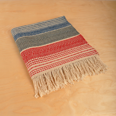 Wool throw, 'Nice and Cozy' - Hand-Woven Striped Wool Throw with Geometric Patterns