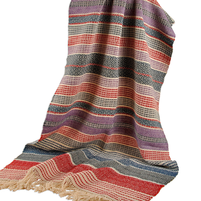 Manta de lana - Manta de lana a rayas tejida a mano con motivos geométricos