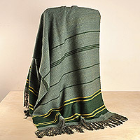 Wool throw, 'Cozy Green' - Hand-Woven Striped Wool Throw in Green & Yellow from Armenia