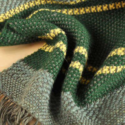Manta de lana - Manta de lana a rayas tejida a mano en verde y amarillo de Armenia