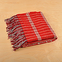 Wool throw, 'Warm and Cozy' - Striped Red and Beige Wool Throw Hand-Woven in Armenia