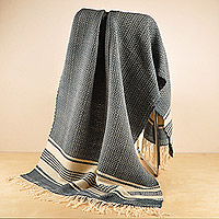Wool throw, 'Cozy Indigo' - Hand-Woven Striped Wool Throw in Blue and Ivory from Armenia