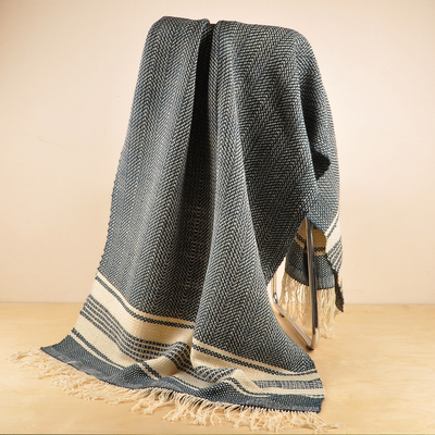 Wool throw, 'Cozy Indigo' - Hand-Woven Striped Wool Throw in Blue and Ivory from Armenia