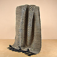 Wool throw, 'Cozy Blue & Black' - Hand-Woven Wool Throw in Blue Black and Ivory from Armenia
