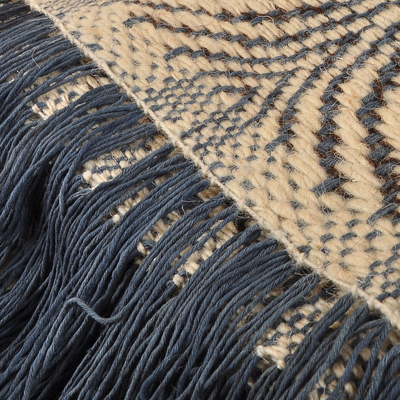 Wool throw, 'Cozy Blue & Black' - Hand-Woven Wool Throw in Blue Black and Ivory from Armenia