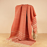 Wool throw, 'Cozy Salmon' - Hand-Woven Striped Wool Throw in Salmon & Ivory from Armenia