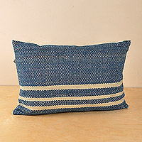Wool cushion cover, 'Indigo Signals' - Indigo and Ecru Wool Cushion Cover with Geometric Motifs