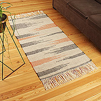 Wool area rug, 'Paths on Beige' (2.5x5) - Handwoven Black and Orange Wool Area Rug (2.5x5)