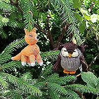 Crocheted ornaments, 'Holidays from the Forest' (set of 2) - Set of Two Fox and Owl Acrylic Ornaments Crocheted by Hand