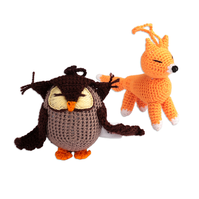 Crocheted ornaments, 'Holidays from the Forest' (set of 2) - Set of Two Fox and Owl Acrylic Ornaments Crocheted by Hand