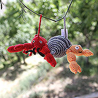 Crocheted ornaments, 'Holidays from the Shore' (set of 2) - Set of 2 Sea Life-Themed Acrylic Ornaments Crocheted by Hand