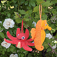 Crocheted ornaments, 'Holidays from the Sea' (set of 2) - Set of Two Sea-Themed Acrylic Ornaments Crocheted by Hand