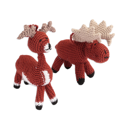 Crocheted ornaments, 'Holidays from the Conifers' (set of 2) - Set of 2 Deer and Moose Acrylic Ornaments Crocheted by Hand