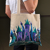 Baumwoll-Einkaufstasche, „Blue Castle Monastery“ – handbemalte Baumwoll-Einkaufstasche mit armenischem Klostermotiv