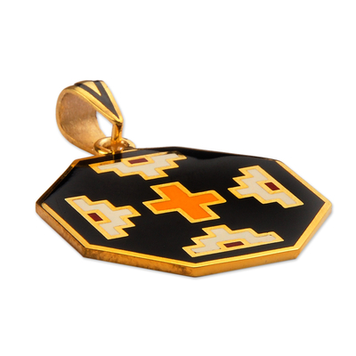 Gold-plated pendant, 'Van Inspiration' - Gold-Plated Enamel Pendant with Armenian Embroidery Motif