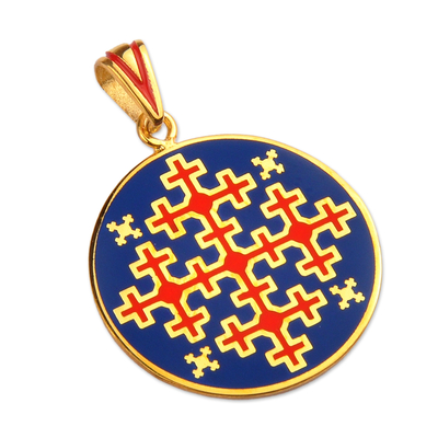 Gold-plated pendant, 'Marash Inspiration' - Armenian Embroidery-Themed Gold-Plated Enamel Pendant