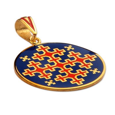 Colgante chapado en oro - Colgante de esmalte bañado en oro con temática de bordado armenio