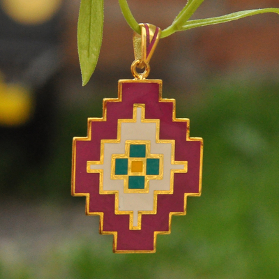 Gold-plated pendant, 'Artsakh Inspiration' - Armenian Classic Carpet-Themed Gold-Plated Enamel Pendant