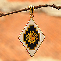 Gold-plated pendant, 'Vishapagorg Inspiration' - Gold-Plated Enamel Pendant with Armenian Carpet Motif