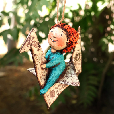 Papier mache ornament, 'Childhood Dreams' - Hand-Painted Papier Mache Ornament of Child and Paper Crane