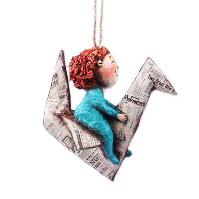 Papier mache ornament, 'Childhood Dreams' - Hand-Painted Papier Mache Ornament of Child and Paper Crane