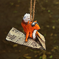 Papier mache ornament, 'The Fox's Dream' - Whimsical Hand-Painted Papier Mache Aviator Fox Ornament
