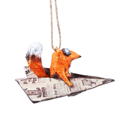 Papier mache ornament, 'Heroic Fox' - Whimsical Hand-Painted Papier Mache Aviator Fox Ornament