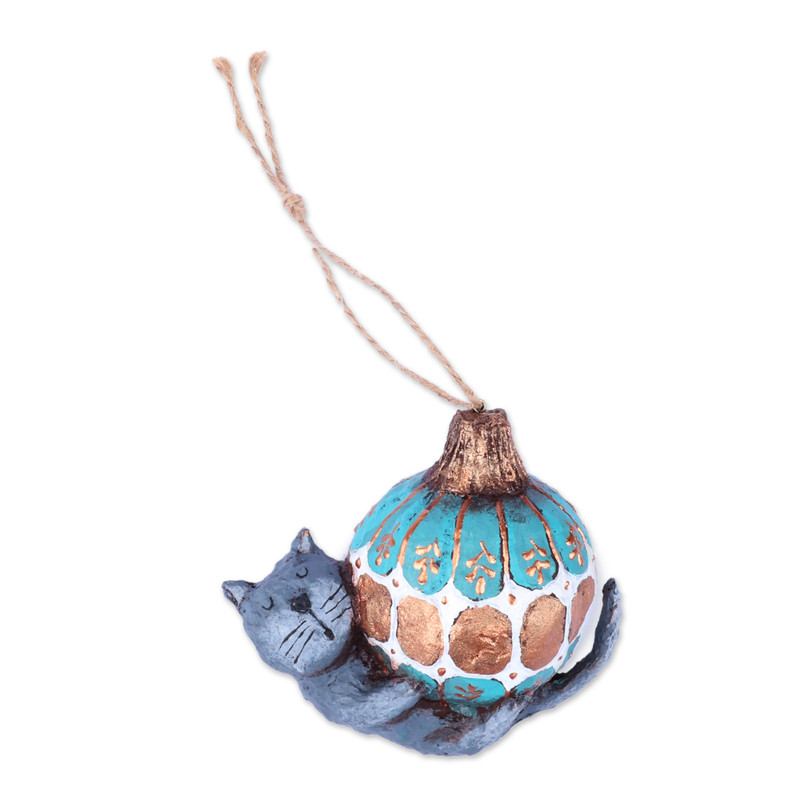 Hand-Painted Papier Mache Ornament of Cat and Holiday Ball - Feline ...