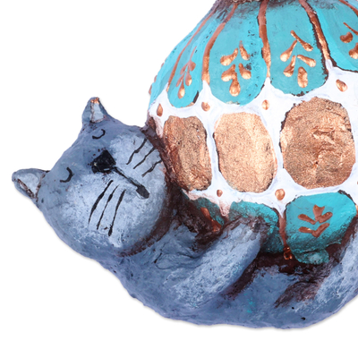 Papier mache ornament, 'Feline Sphere' - Hand-Painted Papier Mache Ornament of Cat and Holiday Ball