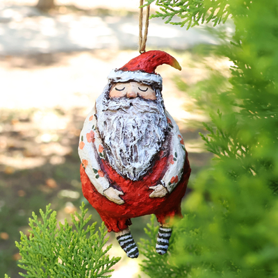 Papier mache ornament, 'Serene Santa' - Hand-Painted Papier Mache Santa Claus Ornament from Armenia