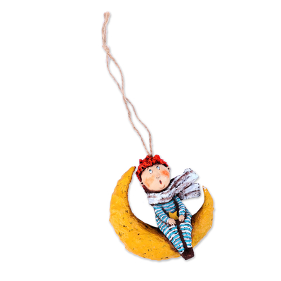 Papier mache ornament, 'The Dreamy Boy' - Hand-Painted Papier Mache Ornament of Boy and Moon